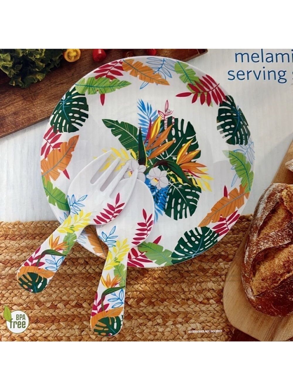 Wegmans Island Tropical Beach 3 pc Bowl Fork Spoon Melamine Serving Set NIP